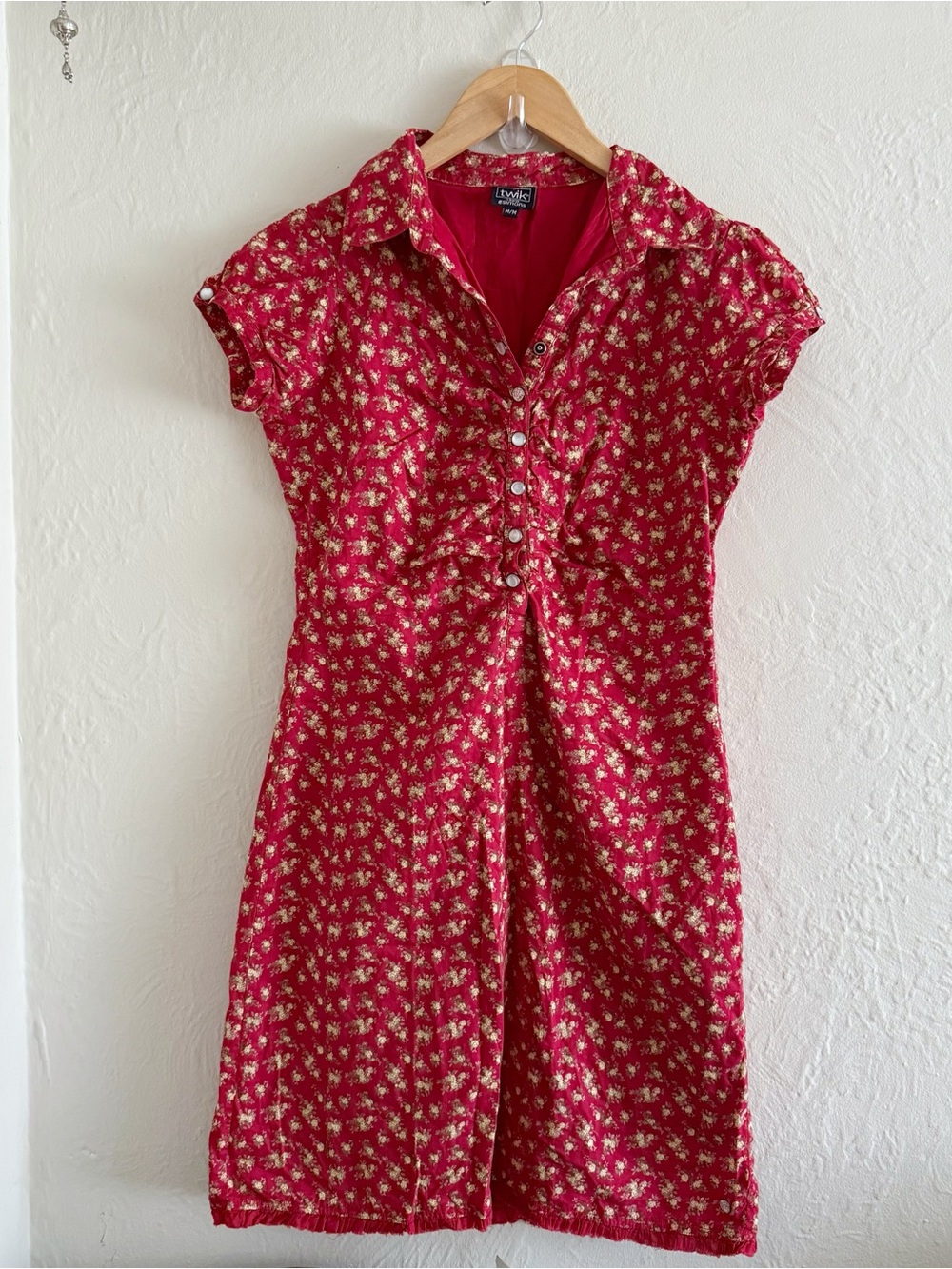 90s Vintage Twik Ruched Button-Front Red Floral Cotton Mini Dress Size M